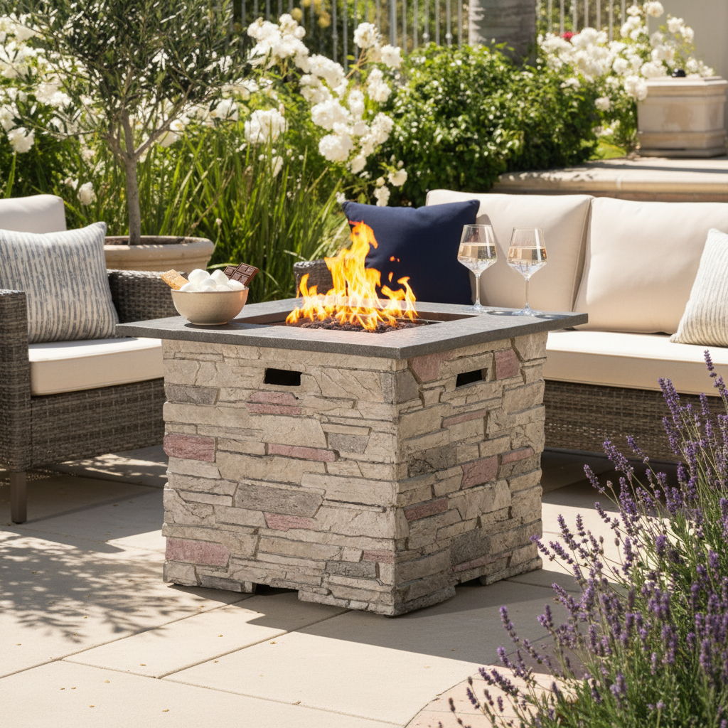 Outdoor Square Propane Fire Pit Table in Stone Gray with 40000 BTU Heat