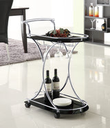 Elfman 2-Tier Glass and Chrome Metal Bar Cart in Black