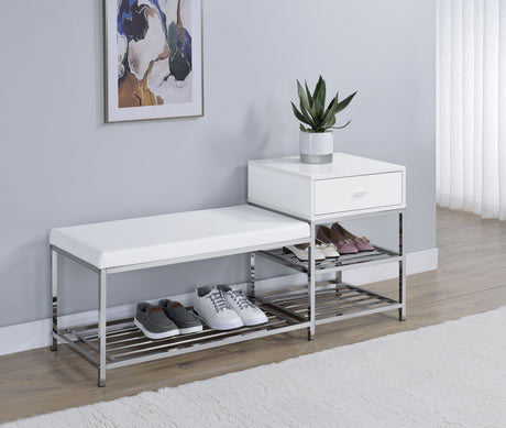 Siega 1-Drawer Shoe Storage Bench, White High Gloss and Chrome