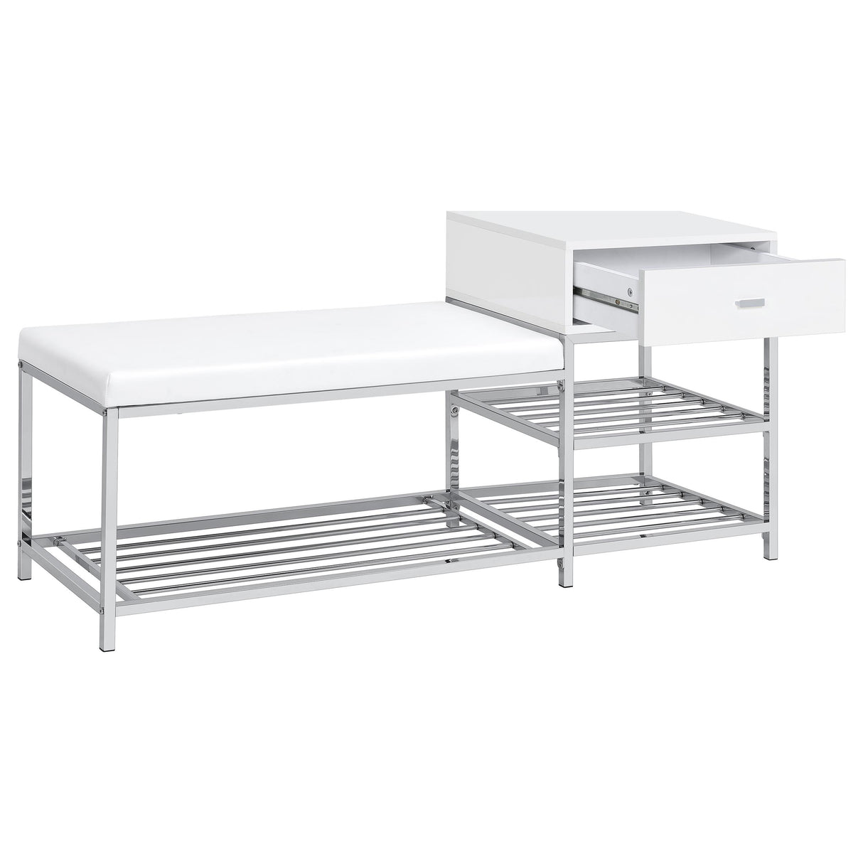 Siega 1-Drawer Shoe Storage Bench, White High Gloss and Chrome