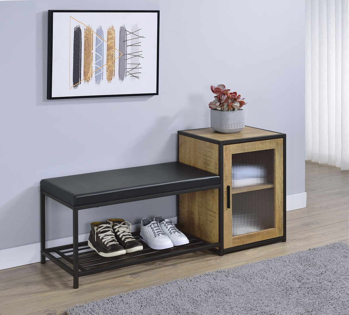Martino Mango and Black Shoe Storage Entryway Bench with Cabinet