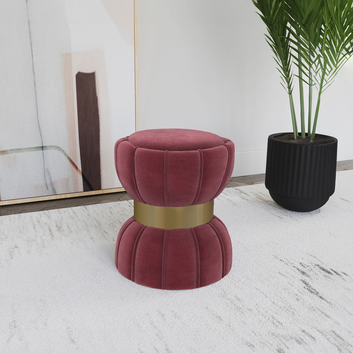 Sora Round Velvet Ottoman in Berry with Gold Band