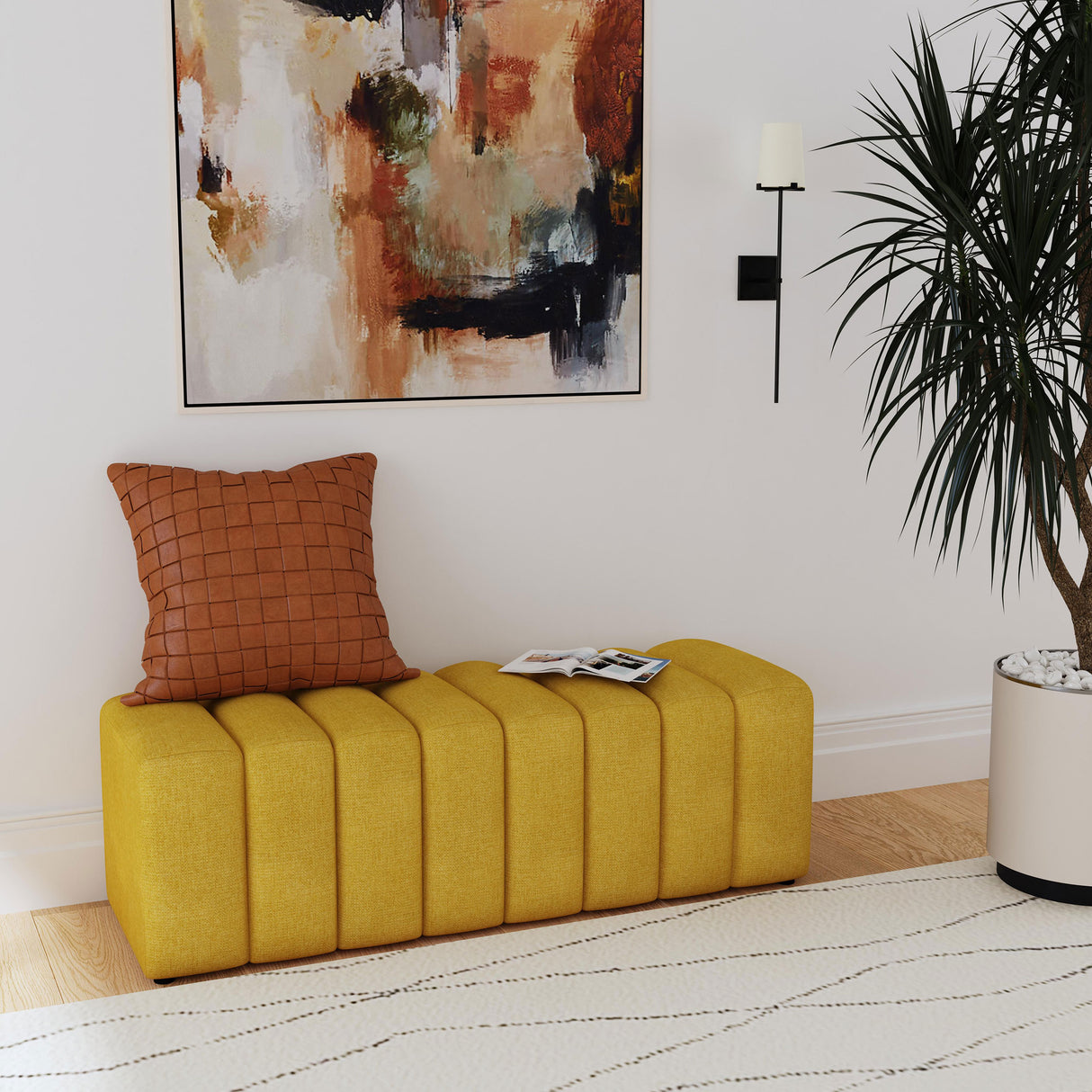 Mustard Yellow Tufted Fabric Upholstered Accent Bench