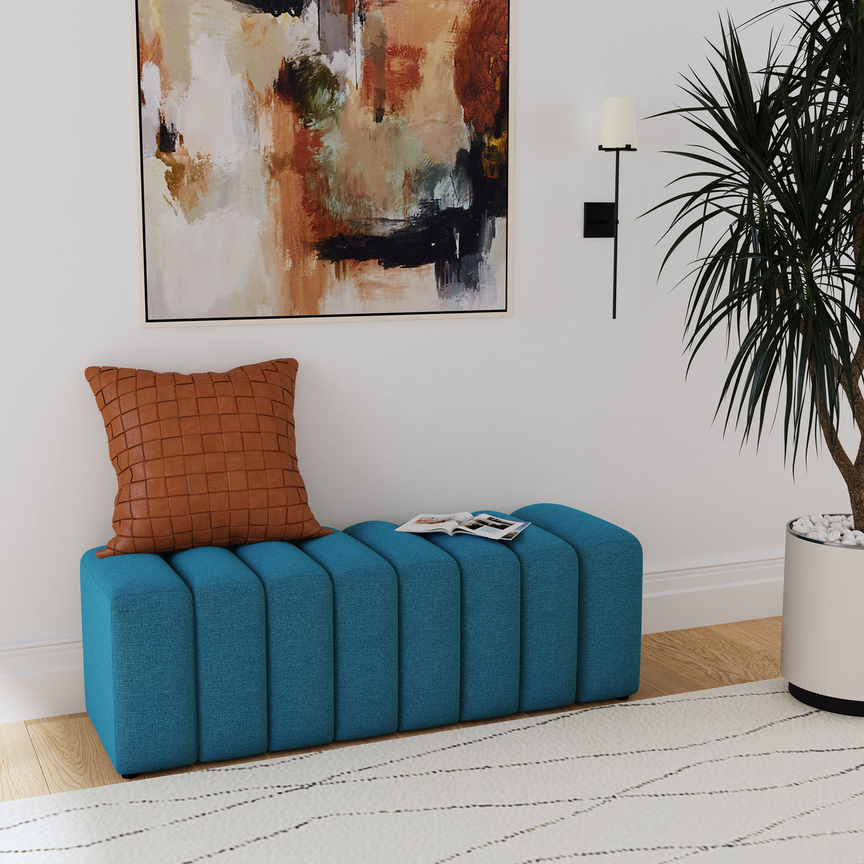 Peacock Blue Tufted Fabric Upholstered Accent Bench