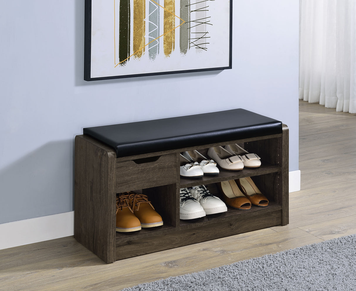 Arrington Storage Bench in Smoked Oak and Black Faux Leather