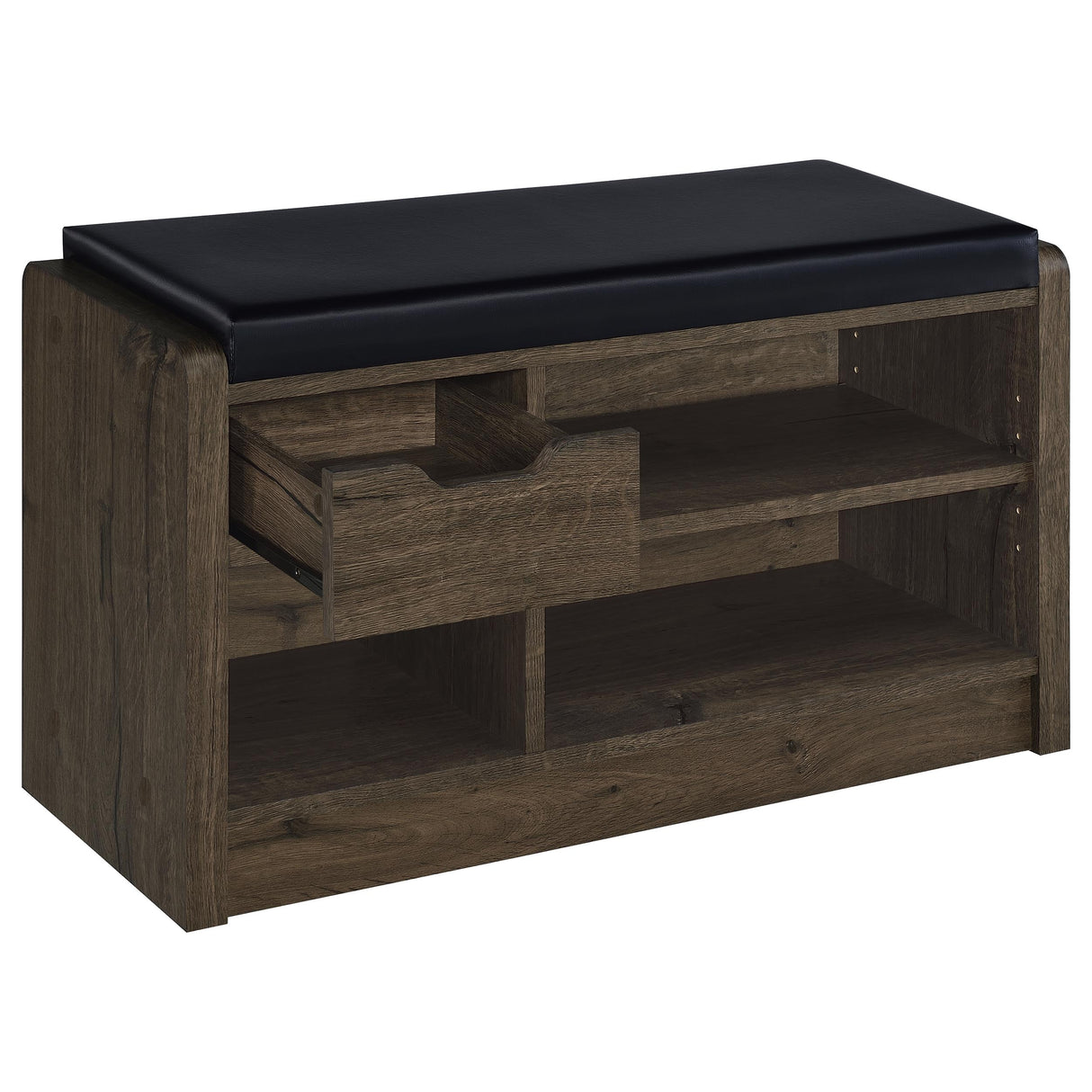 Arrington Storage Bench in Smoked Oak and Black Faux Leather