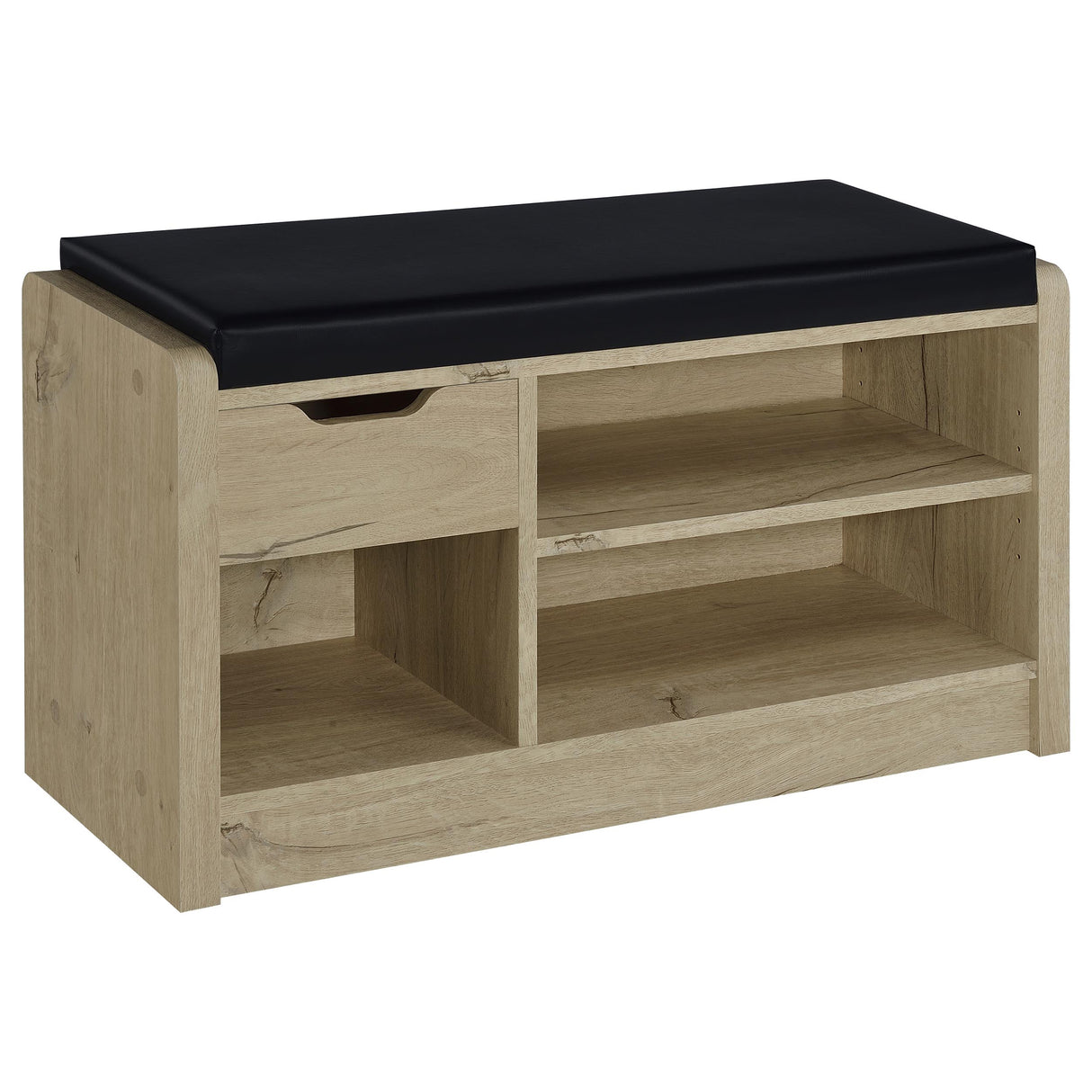 Arrington Storage Bench in White Oak and Black Faux Leather