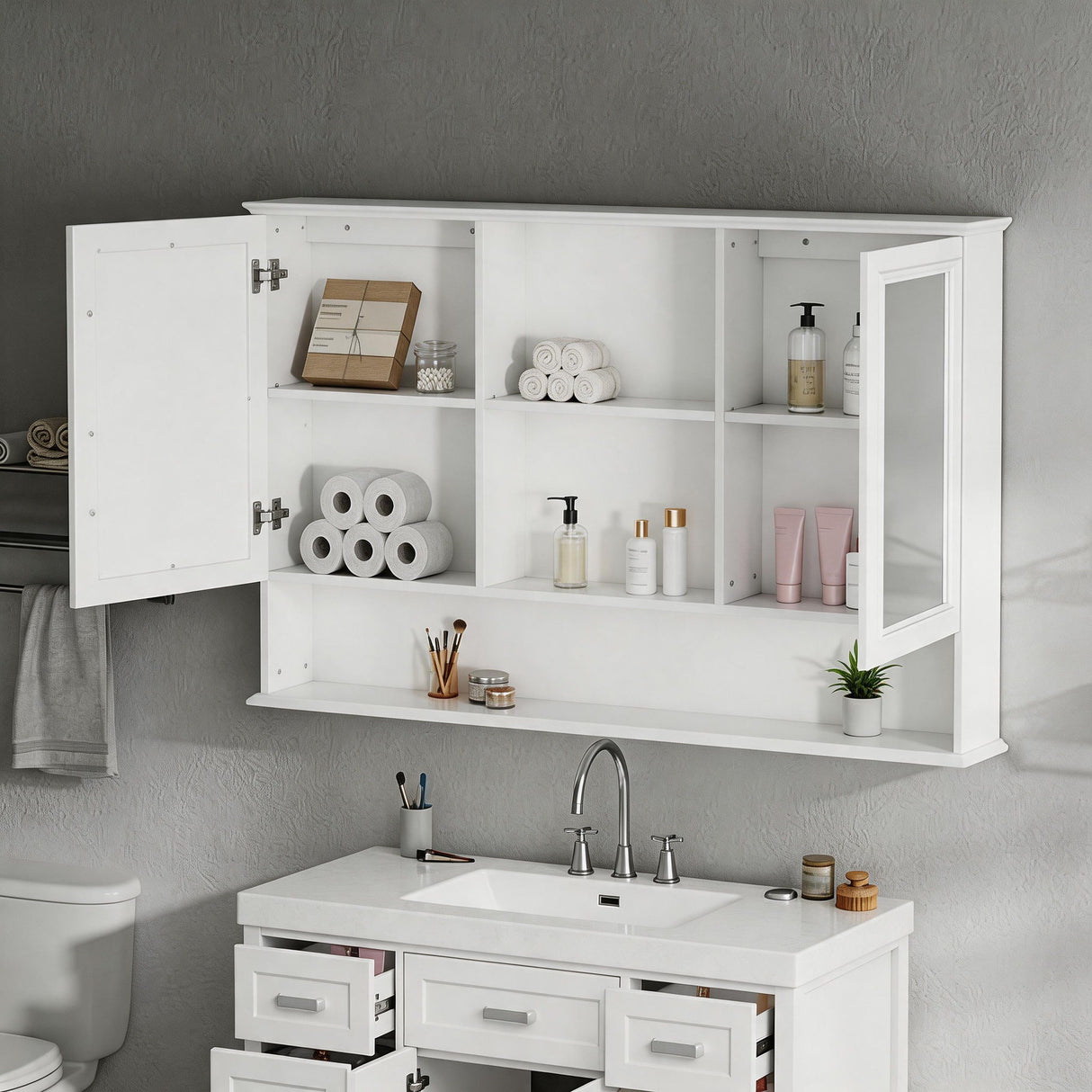 Wall Mounted Bathroom Medicine Cabinet With Double Mirrored Doors