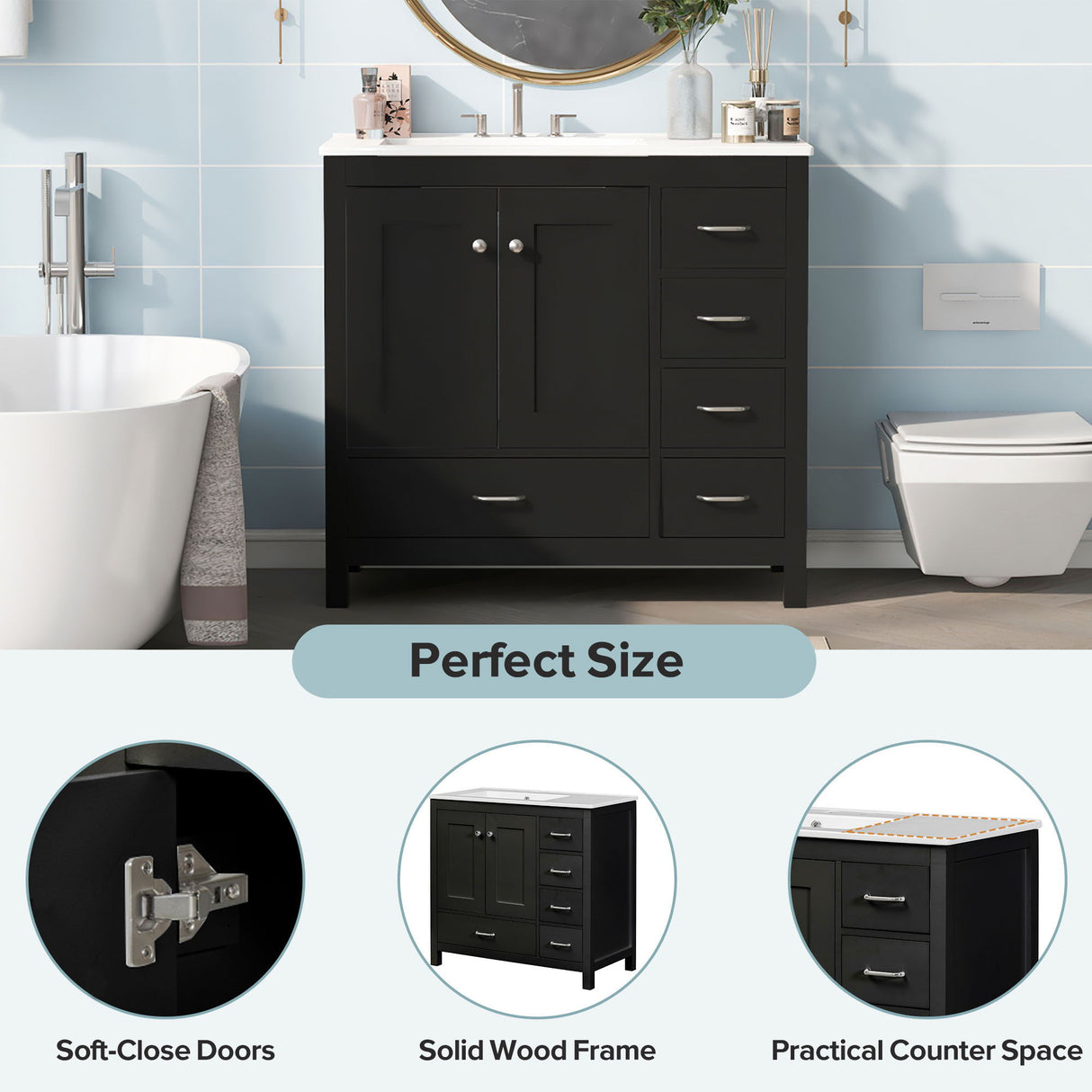 Bathroom Vanity With Sink Combo, 2 Soft Close Doors And 5 Drawers