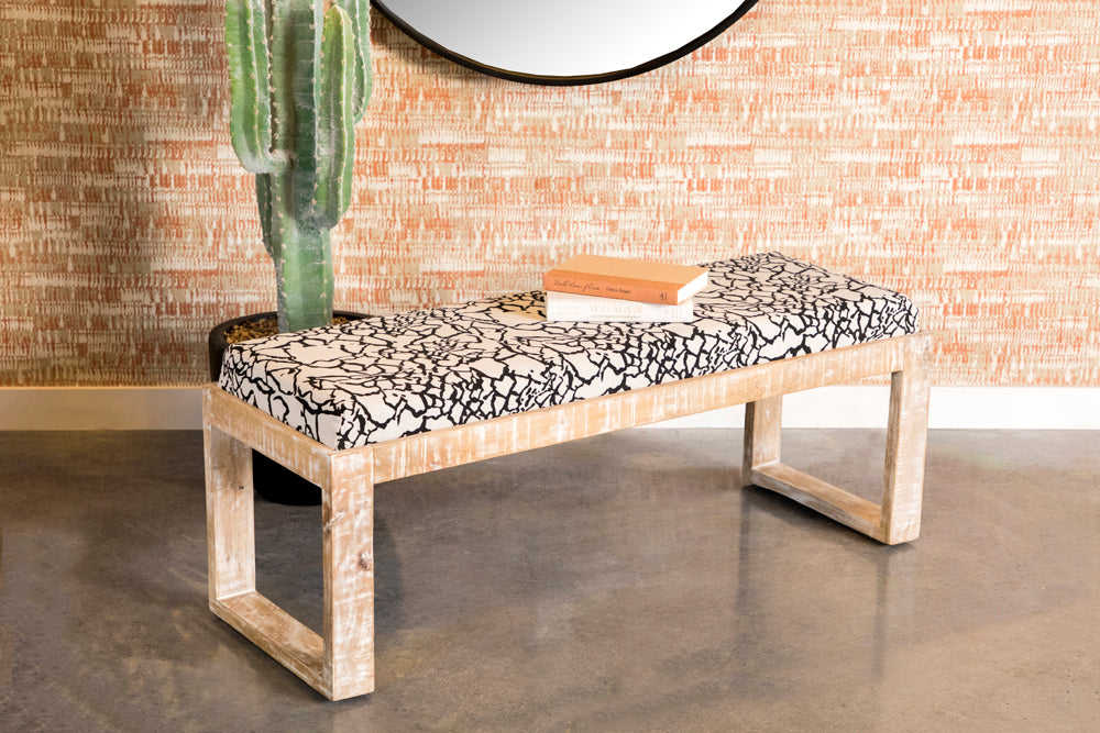 Aiden Fabric Accent Bench, Distressed White Mango Wood