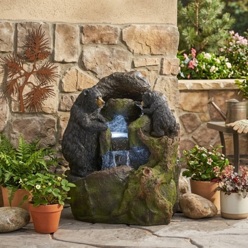 23.75" High Hand Crafted Weather Resistant Floor Fountain, Moss + Black