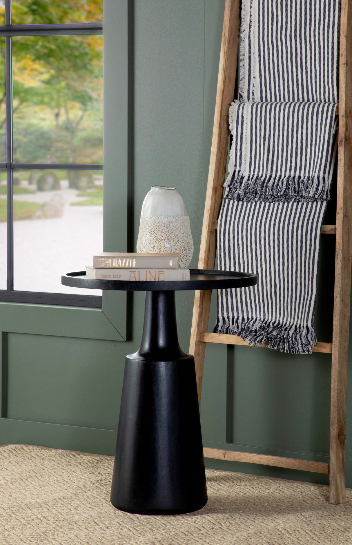 Ixia Round Solid Mango Wood Accent Side Table, Black Stain