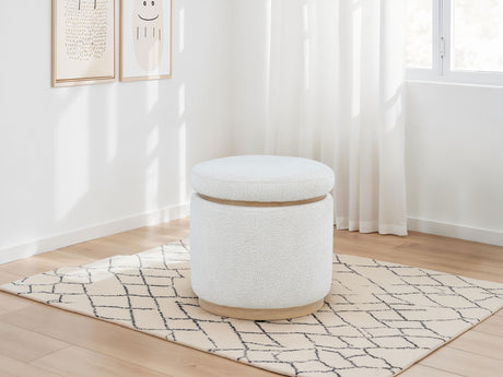 Remuda Ivory Boucle Round Storage Ottoman with Wood Base