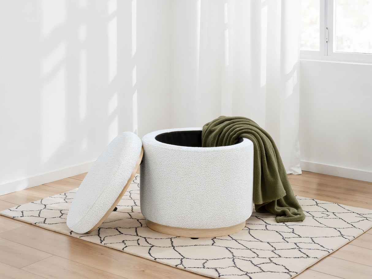 Remuda Ivory Boucle Round Storage Ottoman with Wood Base
