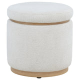 Remuda Ivory Boucle Round Storage Ottoman with Wood Base