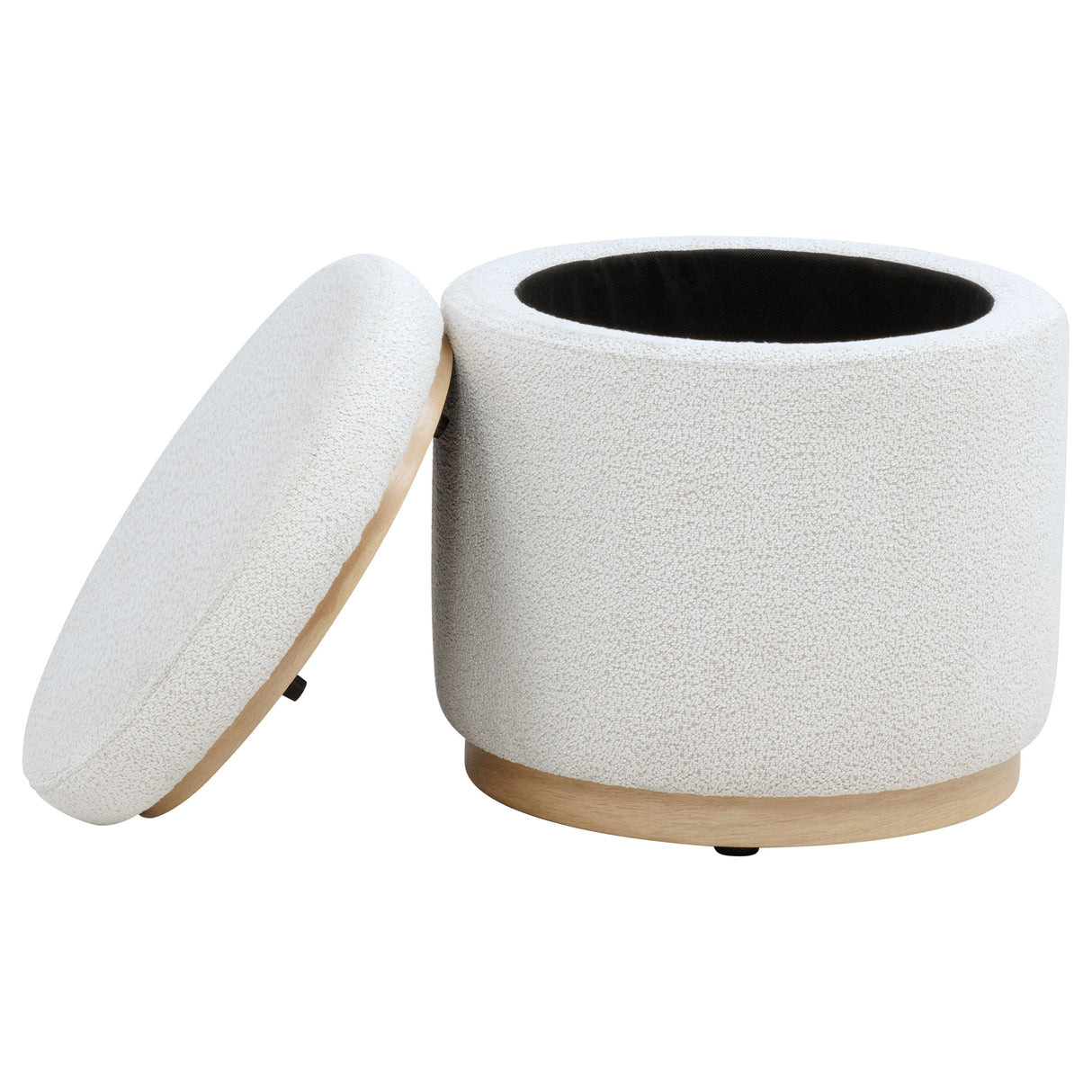 Remuda Ivory Boucle Round Storage Ottoman with Wood Base