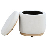Remuda Ivory Boucle Round Storage Ottoman with Wood Base