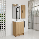 Freestanding Bathroom Vanity Set With Tall Linen Cabinet, Single Sink, Extra Storage, Soft Close Doors - Glossy White / Light Oak