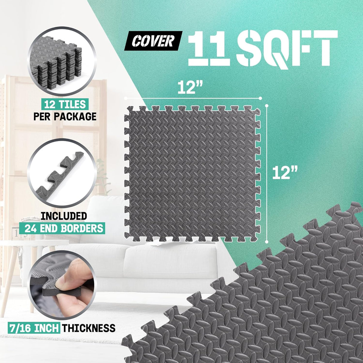 Yes4All EVA Interlocking Foam Floor Mats Grey 12-Tiles