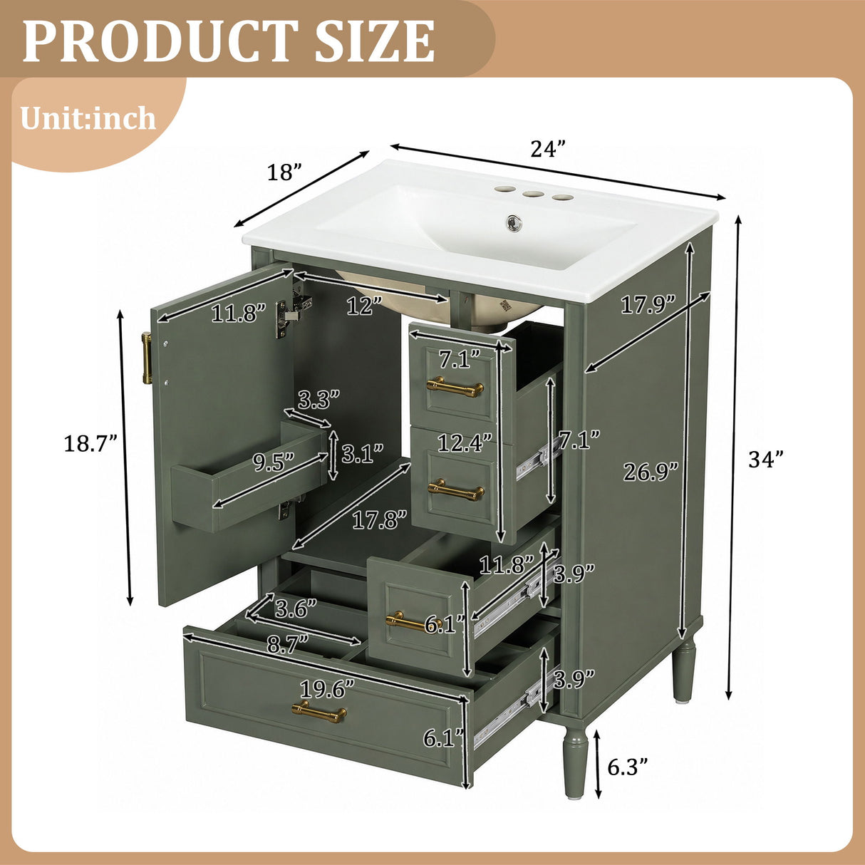 Modern Bathroom Vanity With Sink, Soft Close Doors, 3 Drawers
