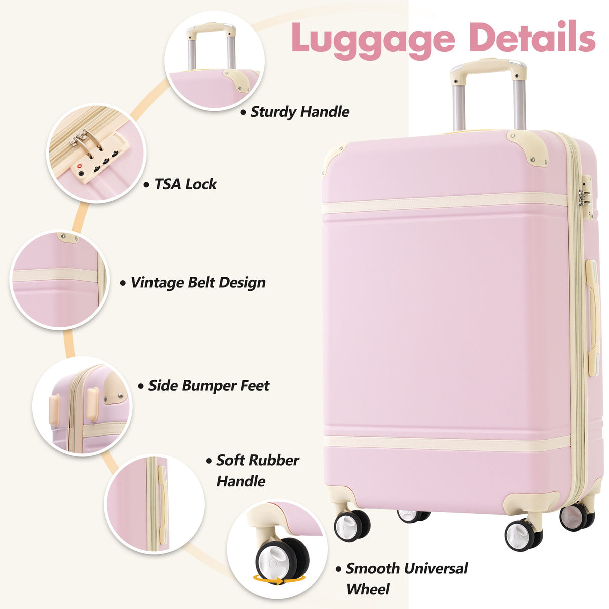 Hardshell Luggage Set With Double Spinner Wheels, Tsa Lock, Lightweight Suitcase, 24" With Bags - Light Pink