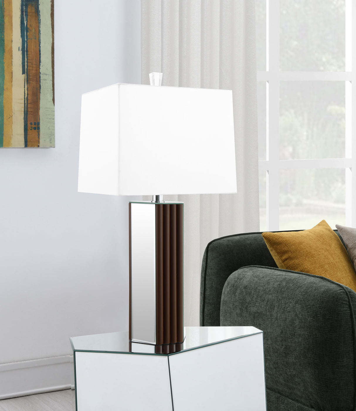 Elena Mirrored Table Lamp with Brown Tapered Base, 30-Inch