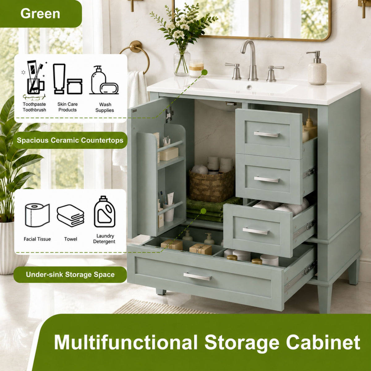 Bathroom Vanity With Sink, Soft Closing Door And Drawers - Light Green
