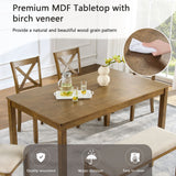 6 Piece Dining Table Set, Large Rectangular Table With Upholstered Bench & 4 X - Back Chairs, Kitchen Furniture - Oak