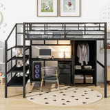 Full Size Loft Bed With Desk Set And Wardrobe - Black