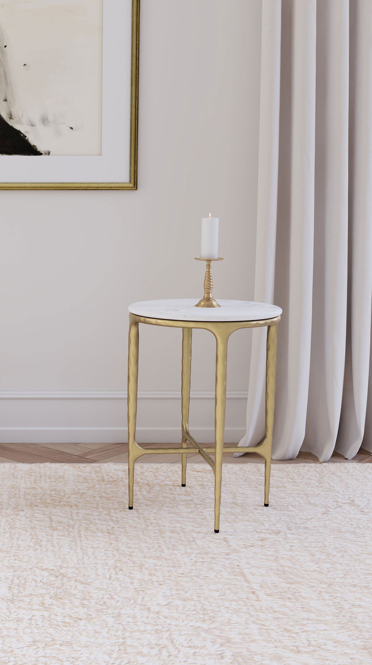 Baldwin Round Marble Top Side Table, White and Gold