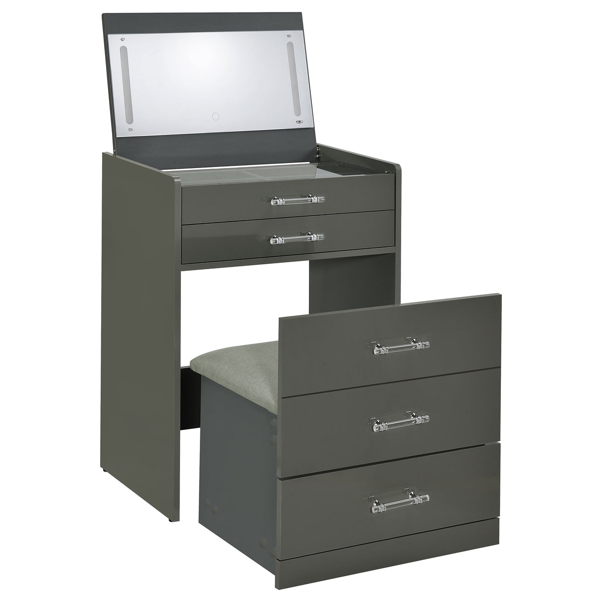 Danbury 3-Drawer Makeup Vanity and Stool Set, Grey High Gloss