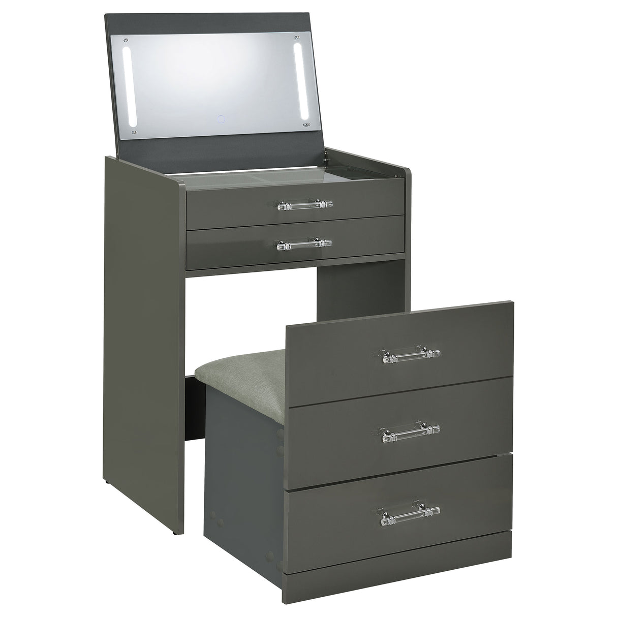 Danbury 3-Drawer Makeup Vanity and Stool Set, Grey High Gloss