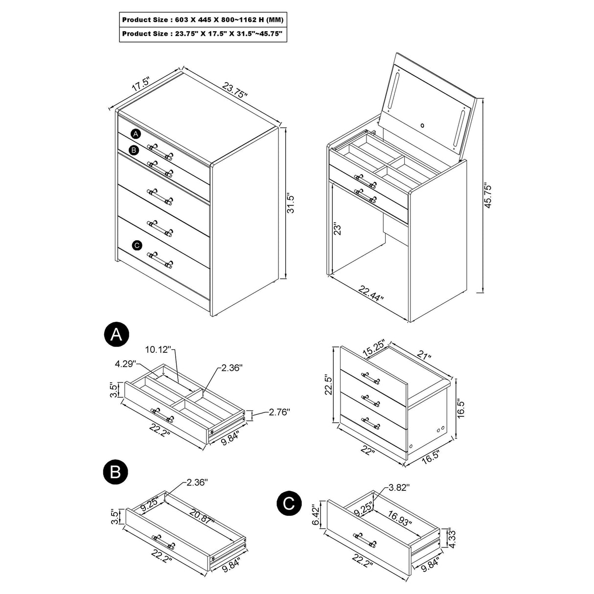 Danbury 3-Drawer Makeup Vanity and Stool Set, Grey High Gloss