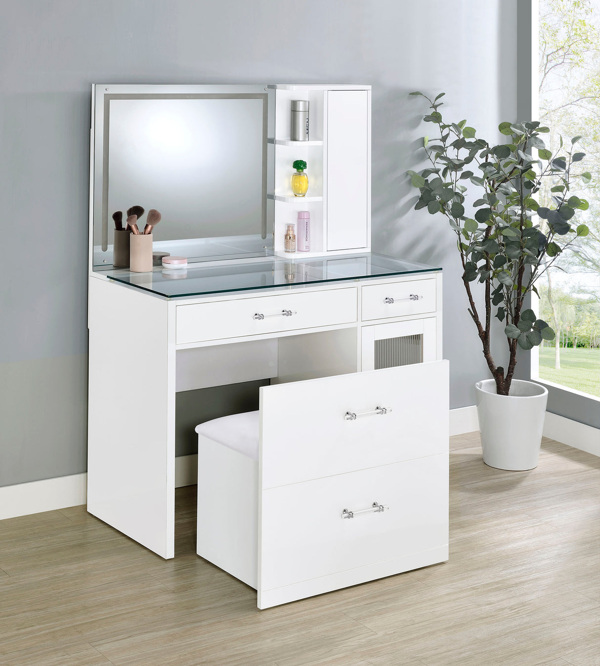 Flora 2-Drawer Vanity Set with LED Mirror, White High Gloss