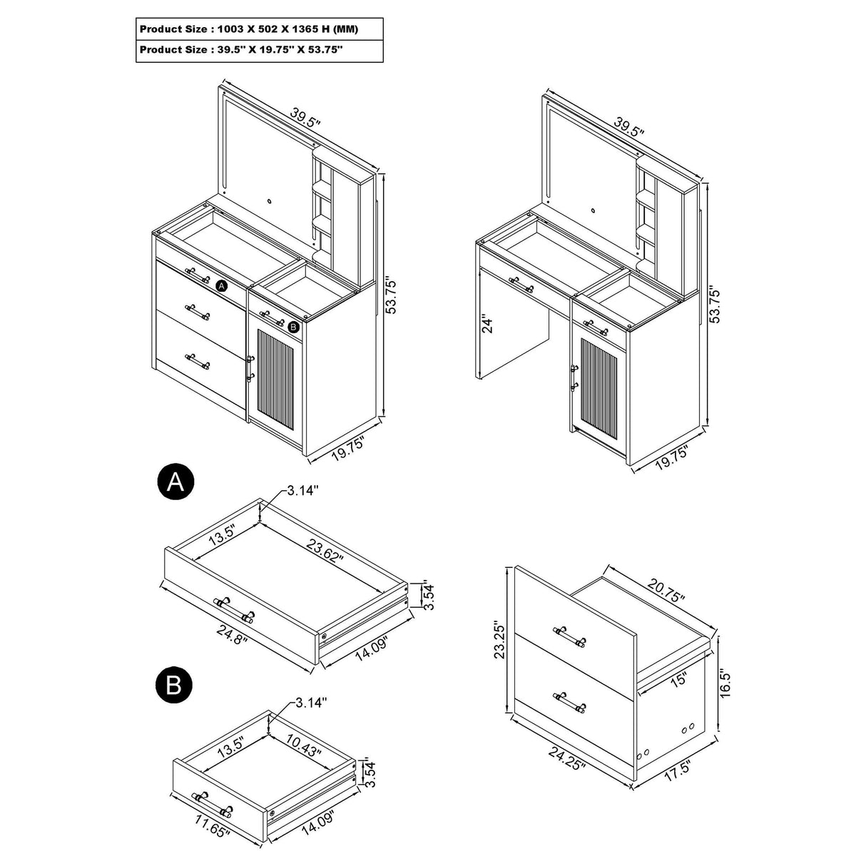 Flora 2-Drawer Vanity Set with LED Mirror, White High Gloss
