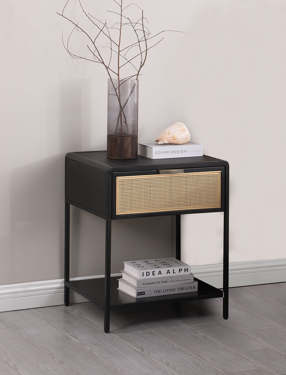Amherst 1-Drawer Cane Weave Bedside Table, Black Metal