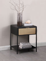 Amherst 1-Drawer Cane Weave Bedside Table, Black Metal