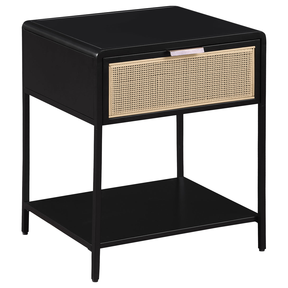 Amherst 1-Drawer Cane Weave Bedside Table, Black Metal