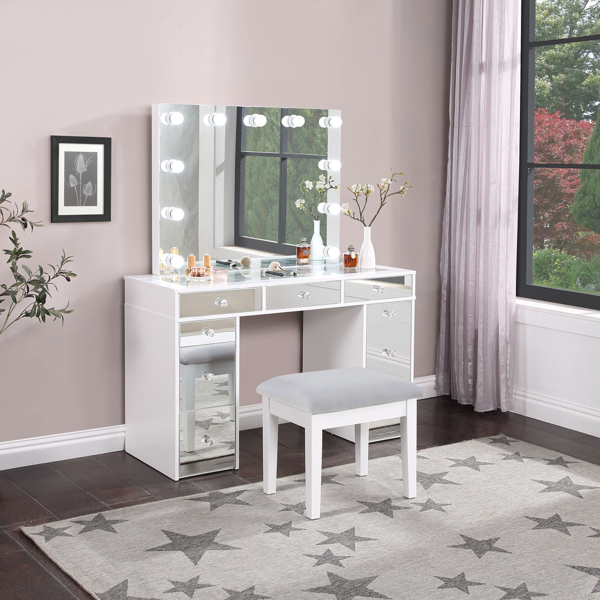 Regina Makeup Vanity Table Set with LED Mirror, White