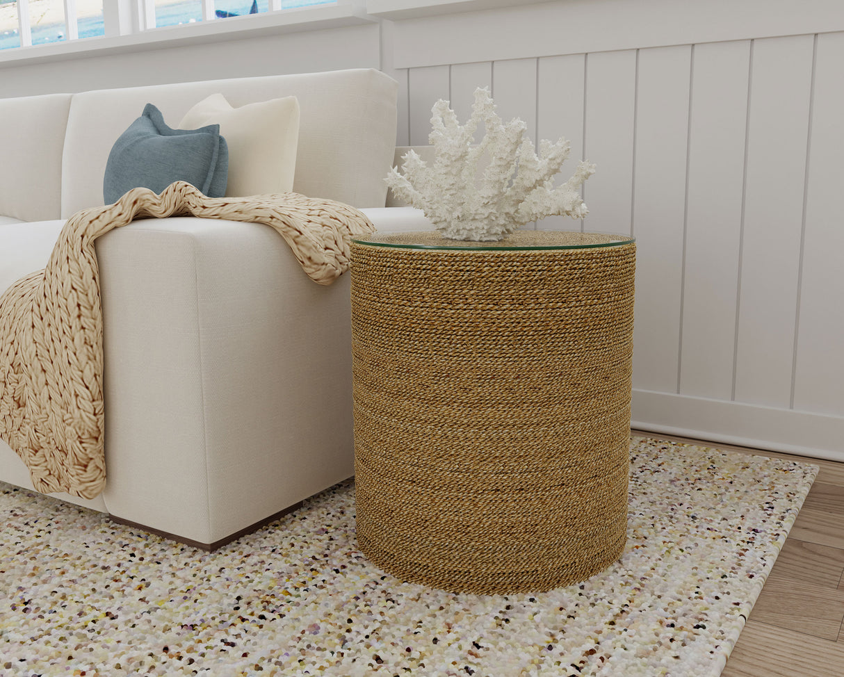 Halden Round Woven Seagrass Accent Side Table, Light Brown