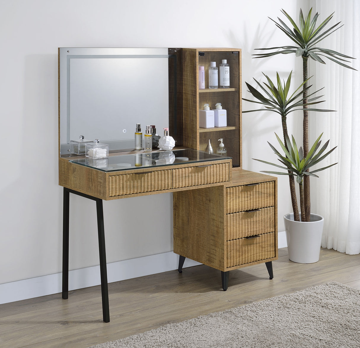 Souza 5-Drawer Makeup Vanity Table with LED Mirror, Mango
