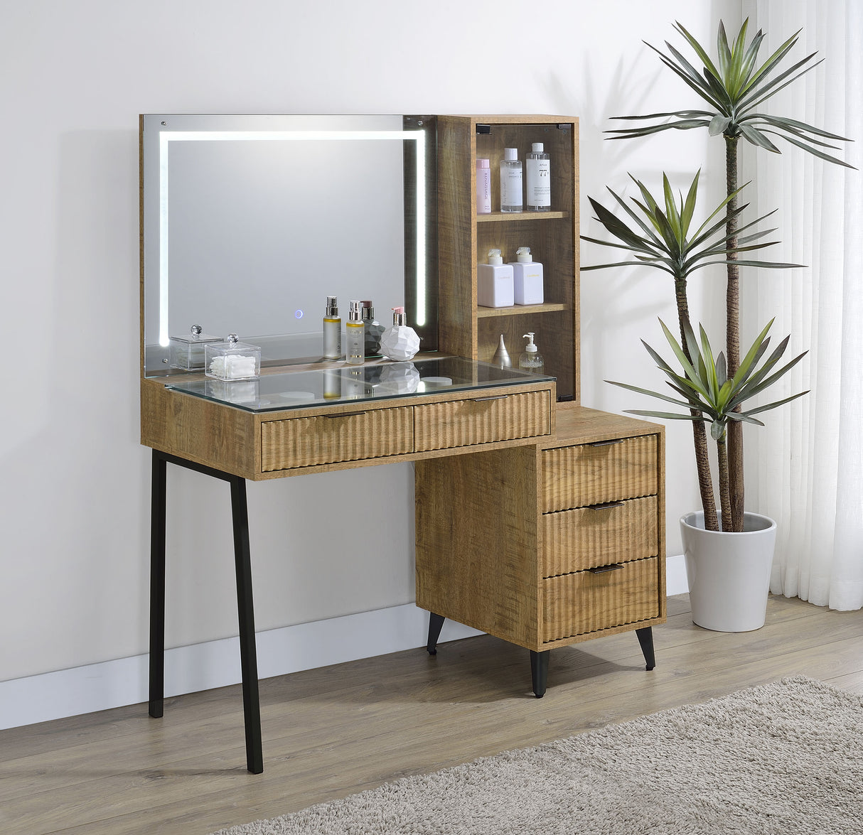 Souza 5-Drawer Makeup Vanity Table with LED Mirror, Mango