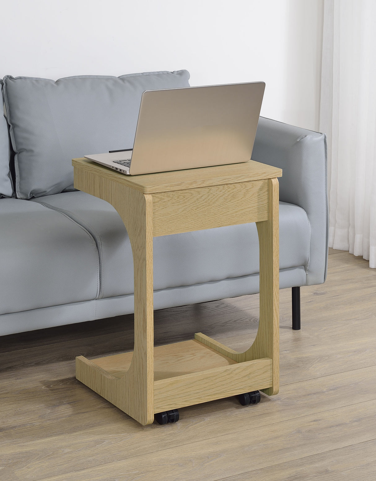 Ralston C-Shaped Lift-Top Sofa Side Table with Casters, Light Oak