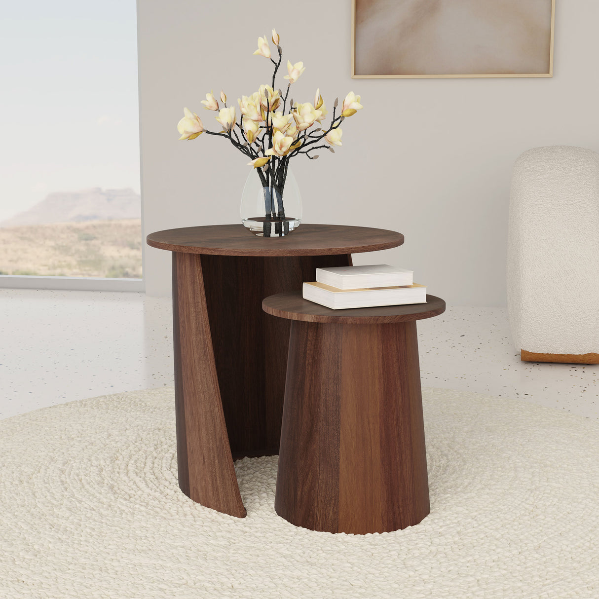 Yency 2-Piece Round Mango Wood Nesting Table Set, Dark Brown