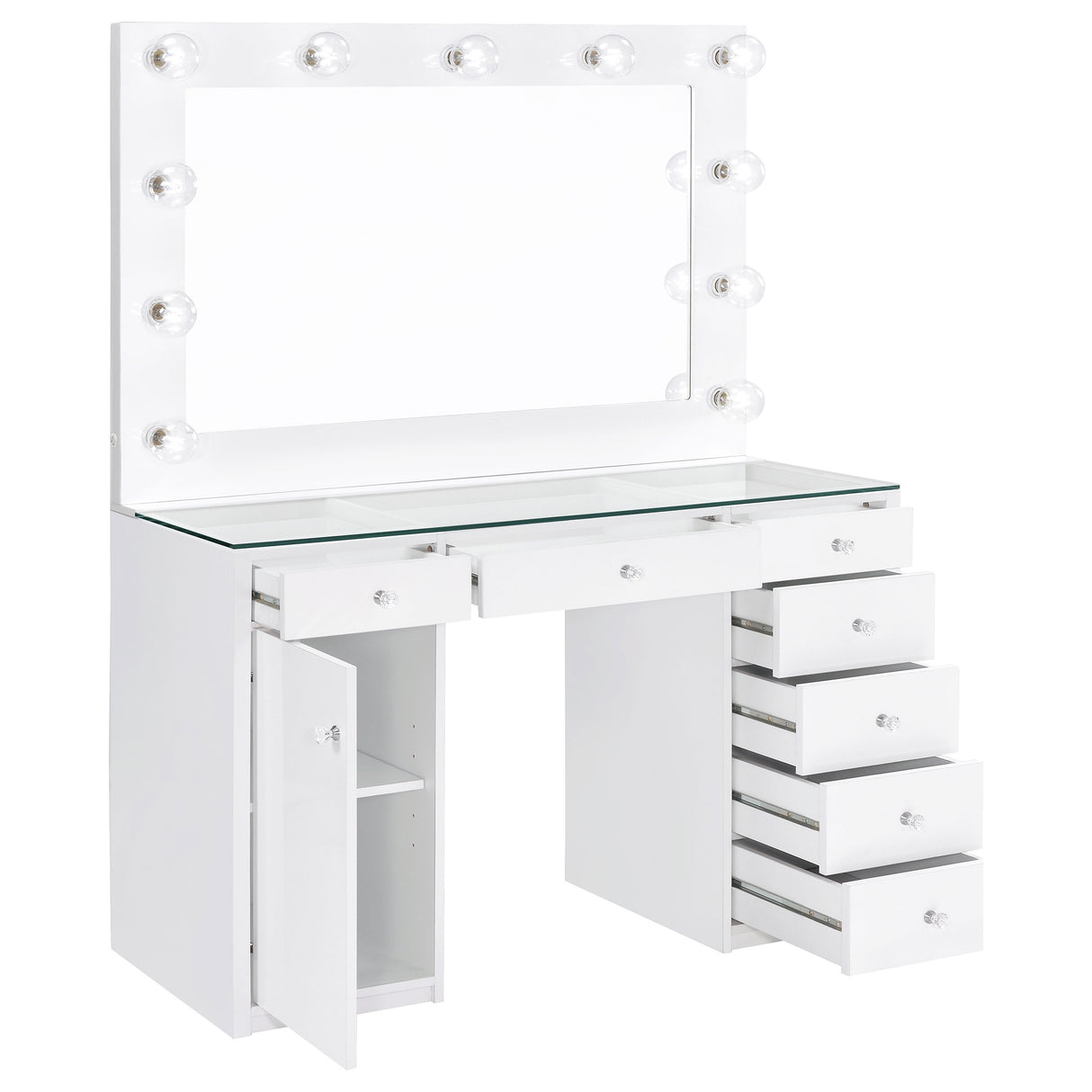 Acena 7-Drawer Vanity Set with Lighted Mirror, White High Gloss