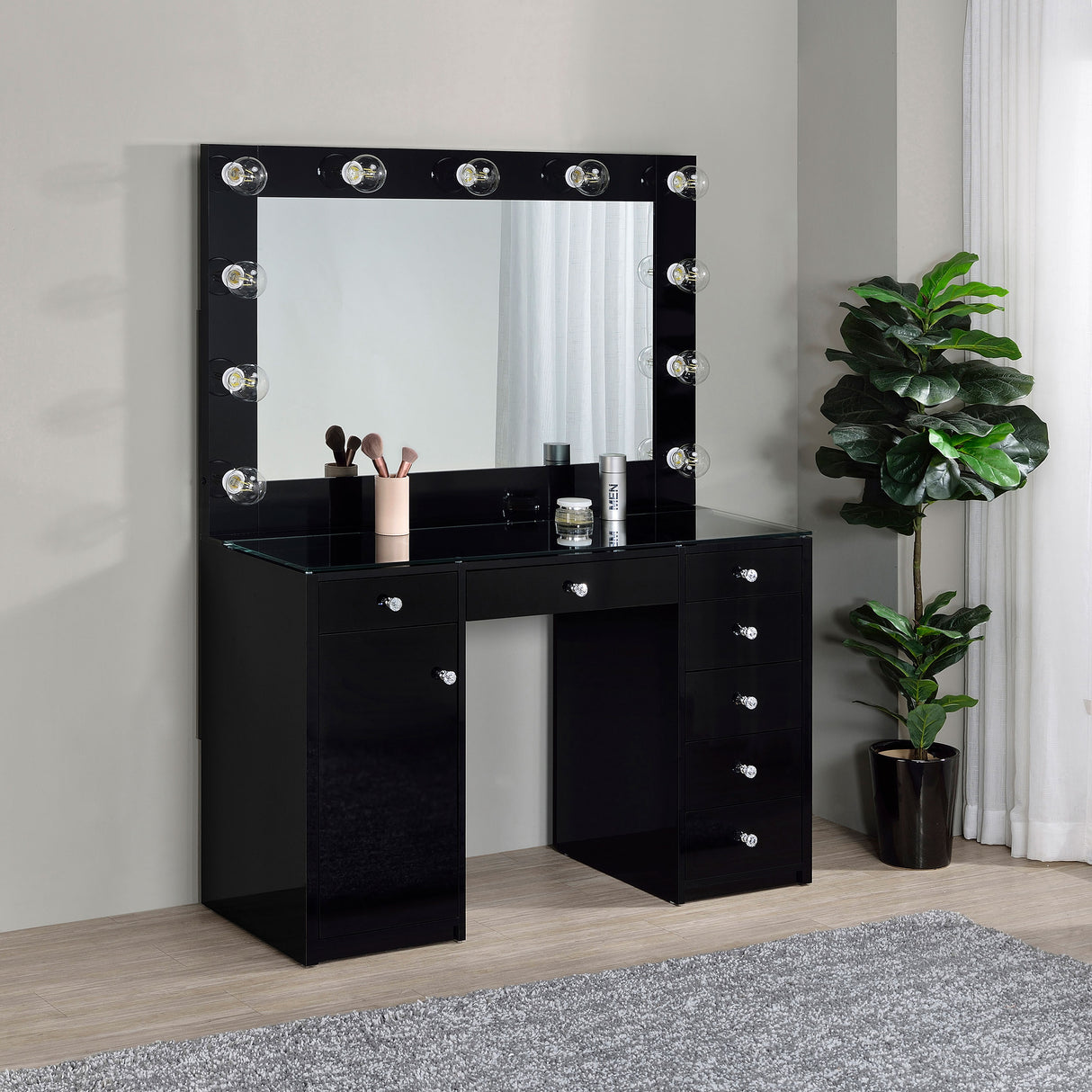 Acena 7-Drawer Vanity Set with Lighting - Black High Gloss