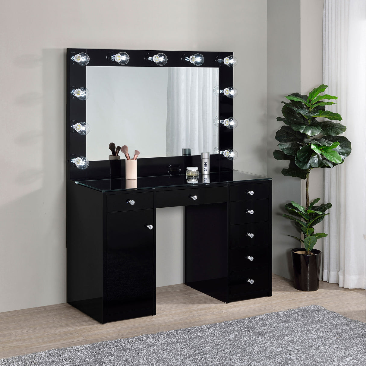 Acena 7-Drawer Vanity Set with Lighting - Black High Gloss