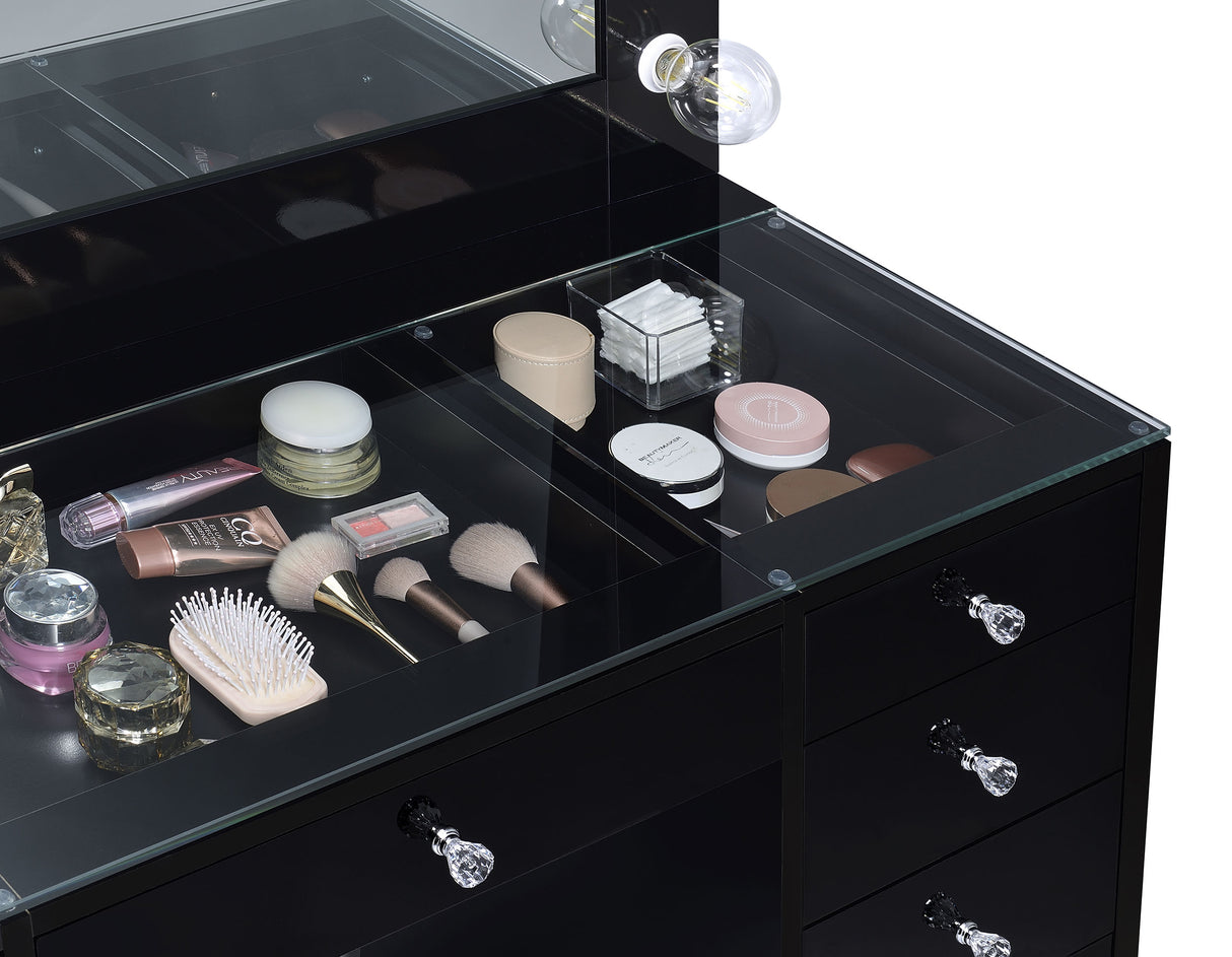 Acena 7-Drawer Vanity Set with Lighting - Black High Gloss