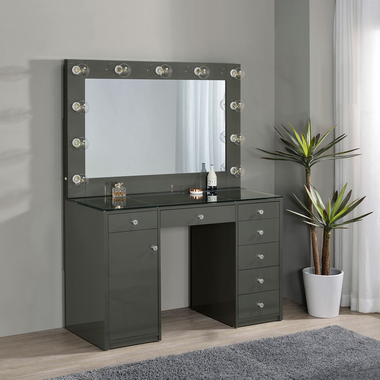Acena 7-Drawer Vanity Set with Lighting, Grey High Gloss
