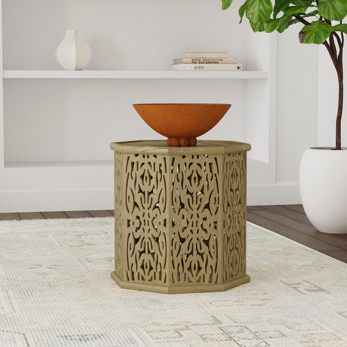Torres Octagonal Solid Mango Wood Side Table, Natural Brown